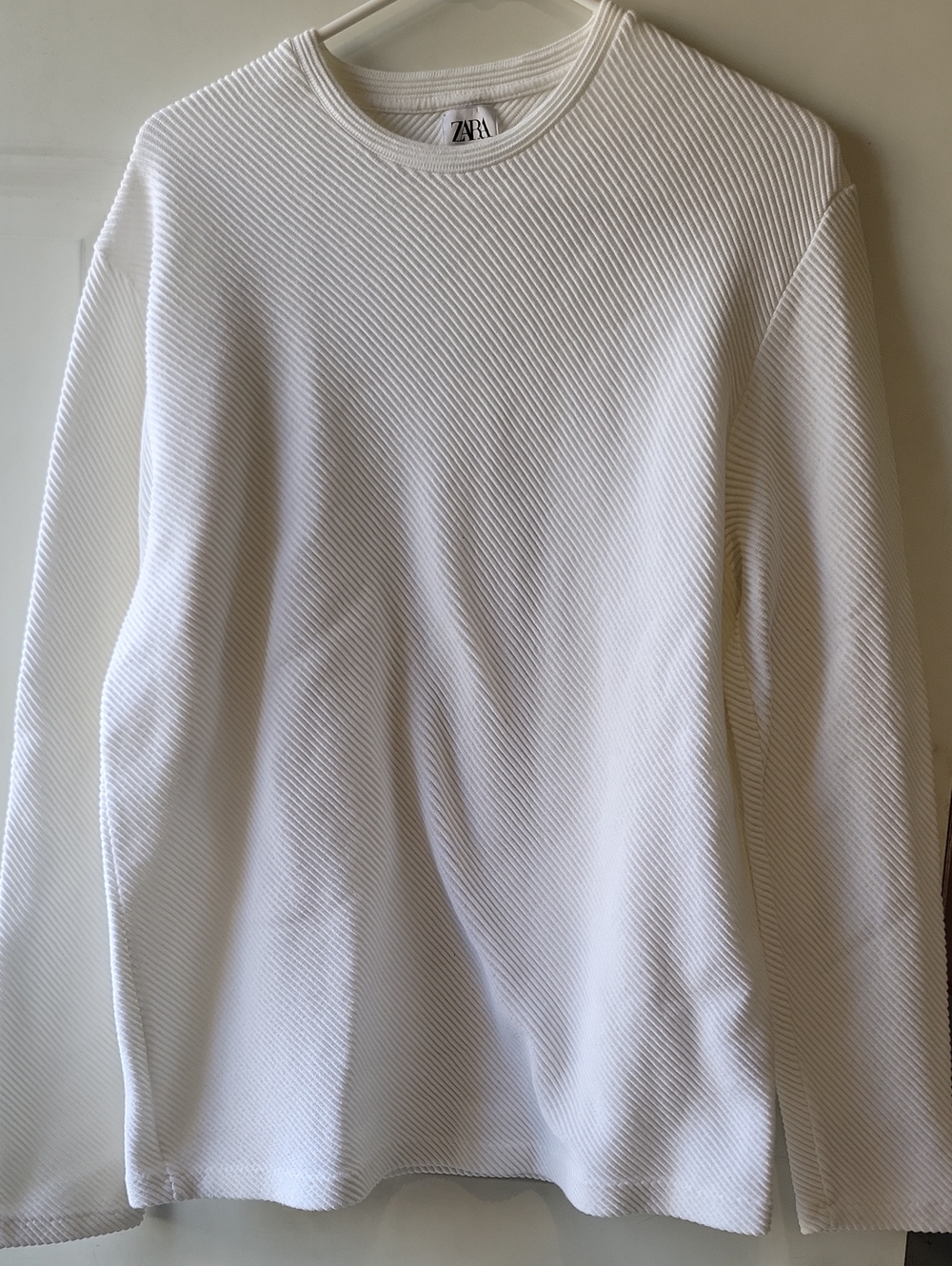 ZARA White Diagonal Ribbed Crewneck Sweater - Men  Cotton Mix XL.